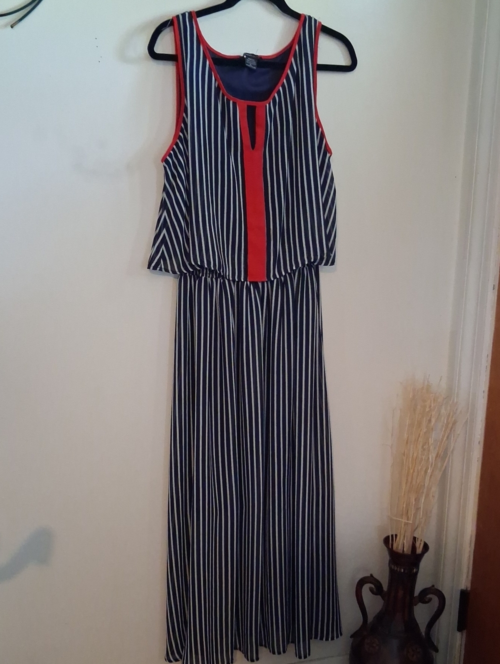 Robert Louis Navy & White Striped Maxi with Red Trim Accents
